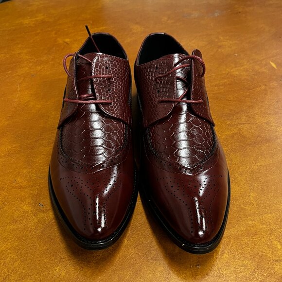 Santimon Men's US 8, 12 Red Wingtip Brogue Derby Crocodile Pattern Lace Up Shoes - Picture 3 of 10